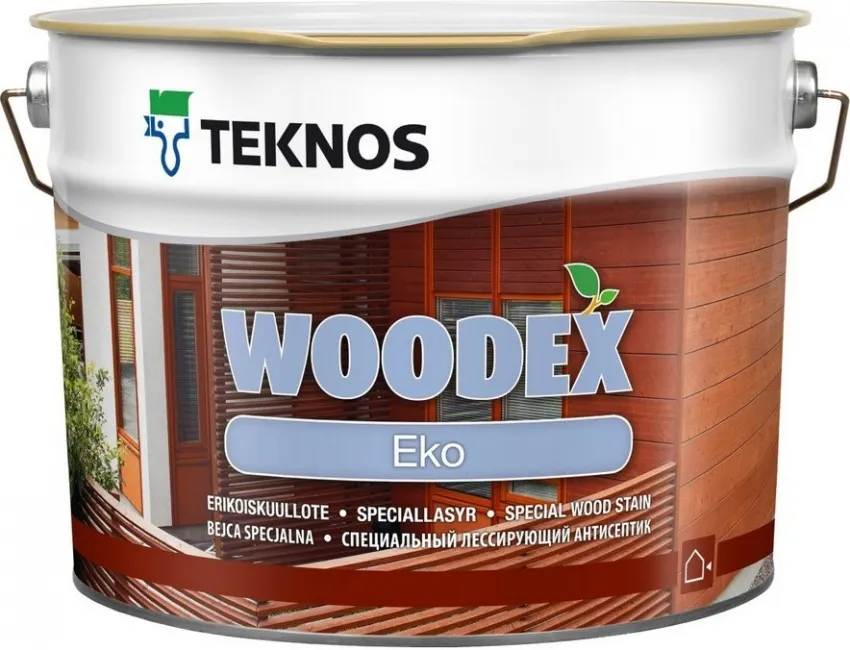 Водоразбавляемый лессирующий антисептик на маслянной основе Вудекс Эко можно наносить на древесину, используя кисть, валик или краскопульт