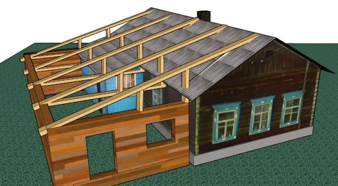 Пристройка сбоку дома с двускатной крышей