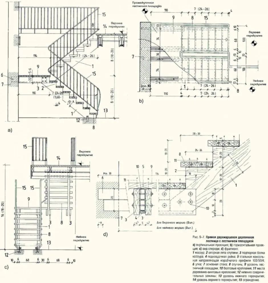 Деревянная двухмаршевая лестница чертеж