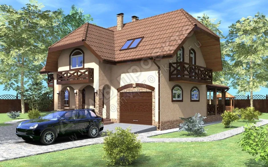 Красивый двухэтажный дом с машиной и гаражом